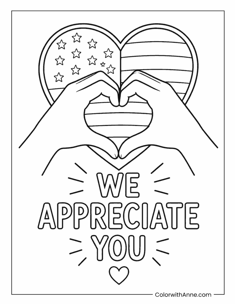 Veterans Day Hands Holding Flag Heart Coloring Page