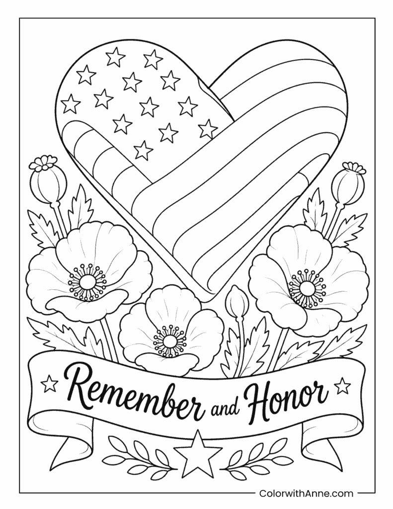 Veterans Day Heart Flag Memorial Coloring Page