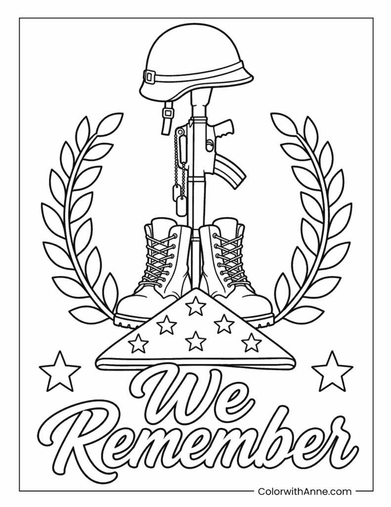 Veterans Day Helmet Rifle And Boots Coloring Page