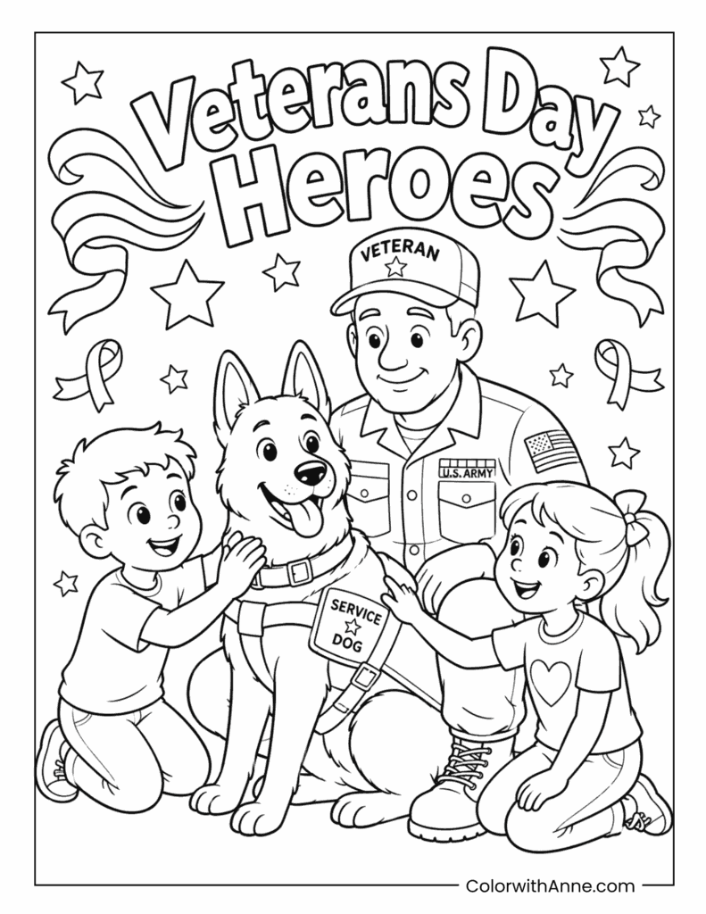 Veterans Day Heroes With Service Dog Coloring Page
