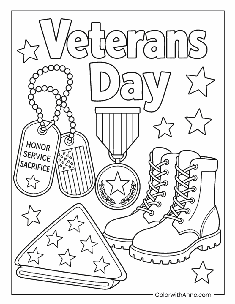 Veterans Day Medals Boots And Uniform Coloring Page