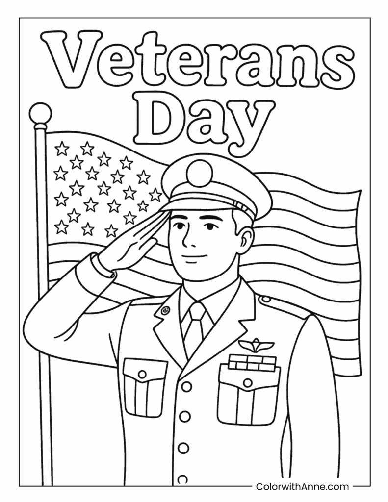 Veterans Day Saluting Soldier And Flag Coloring Page