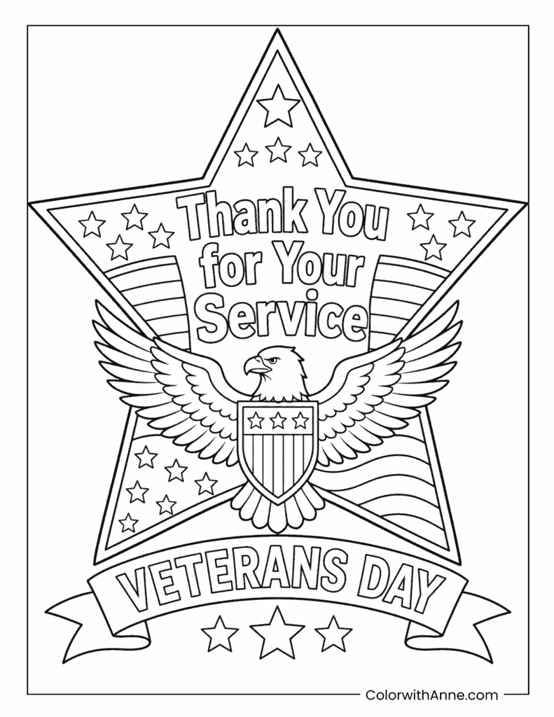 Veterans Day Star Medal And Wings Coloring Page