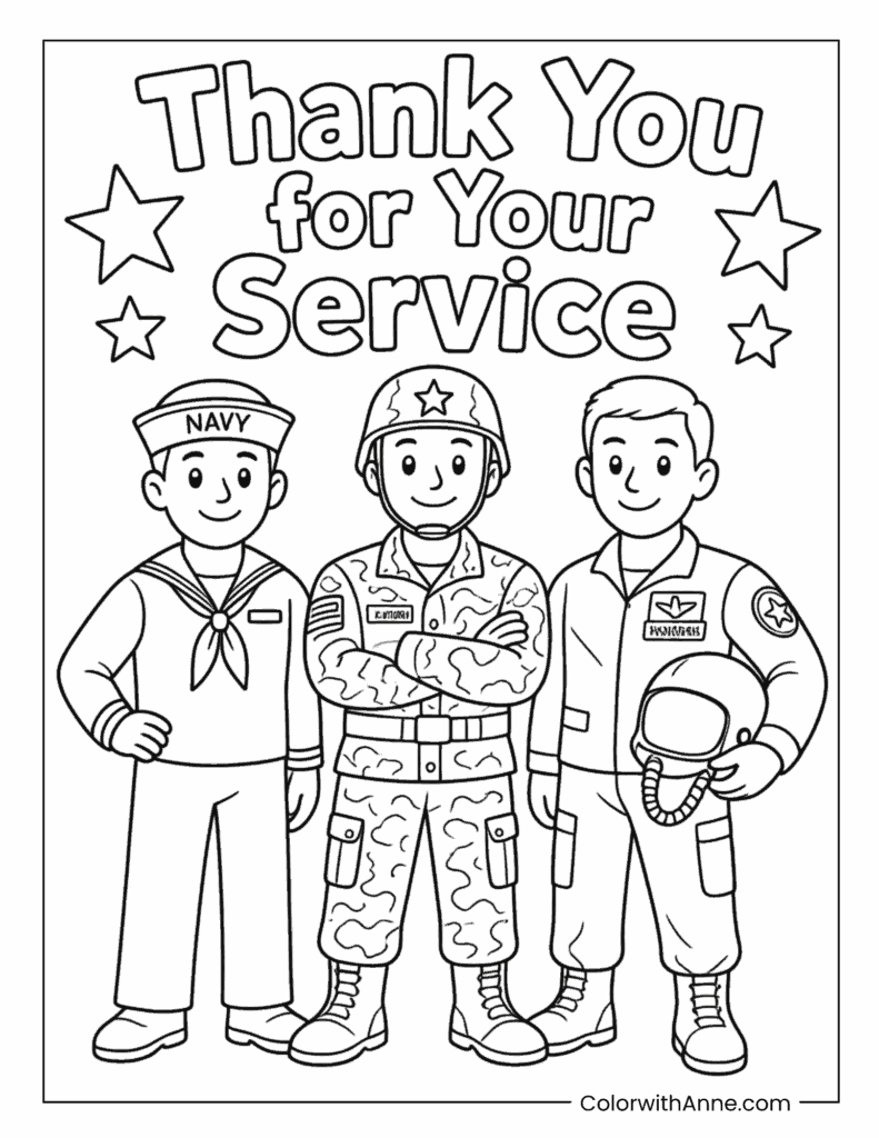 Veterans Day Three Service Members Coloring Page