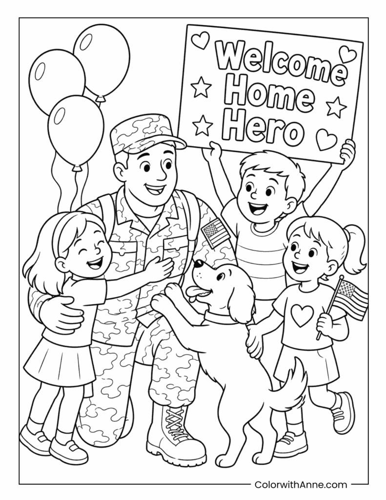 Veterans Day Veteran Welcomed By Family Coloring Page