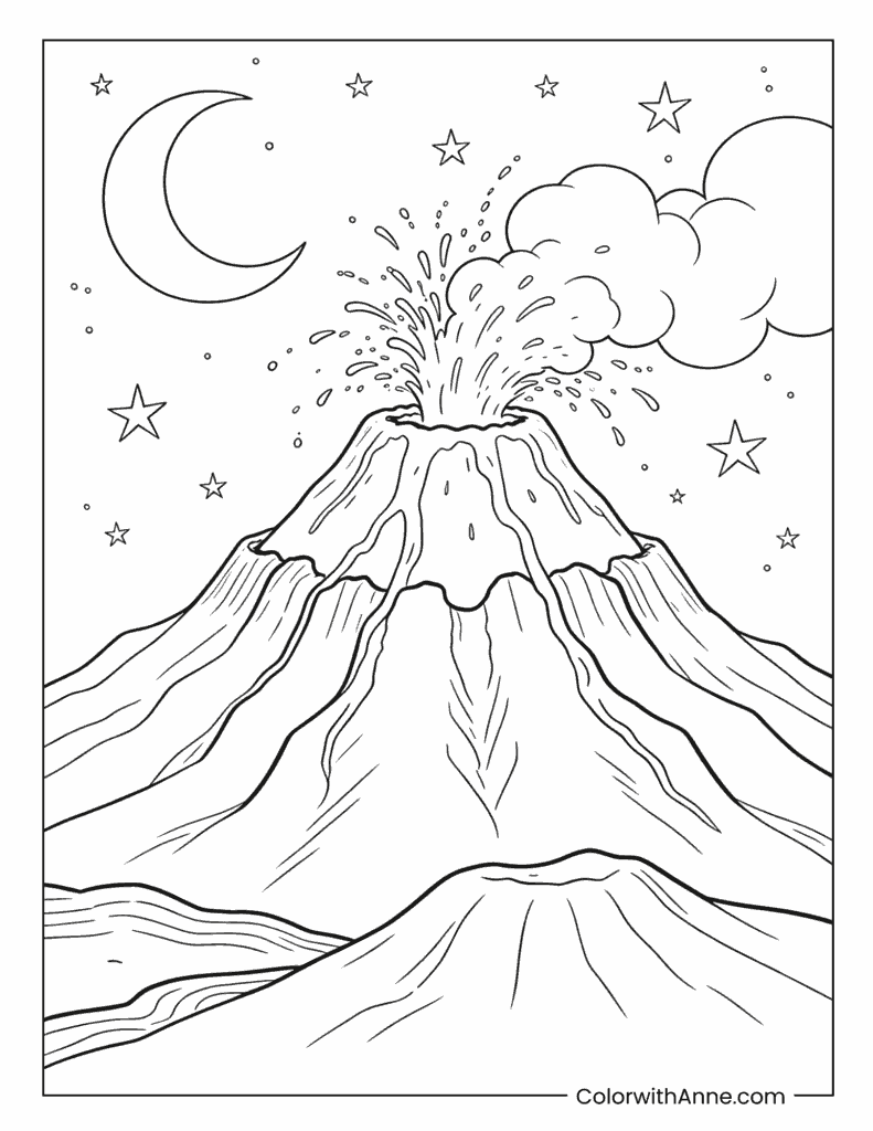 Volcano Under Starry Night Sky Coloring Page