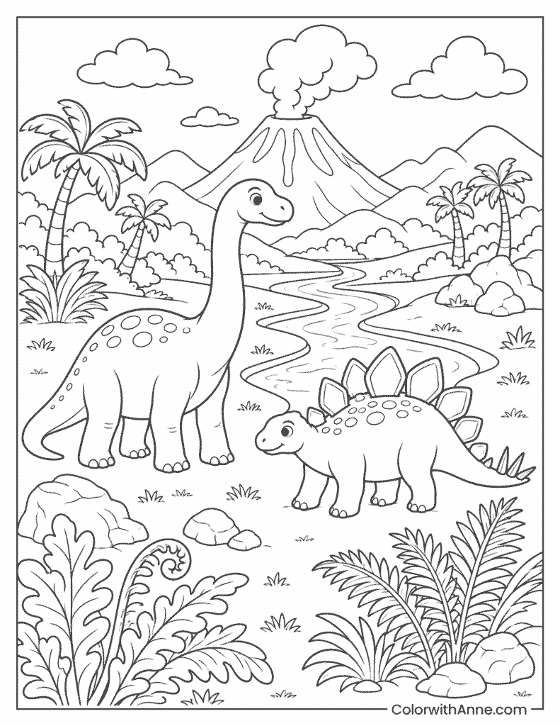 Volcano and Dinosaur Valley Coloring Page
