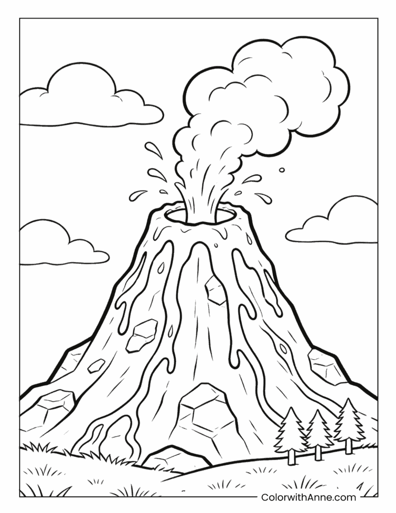 Volcano with Billowing Smoke Coloring Page