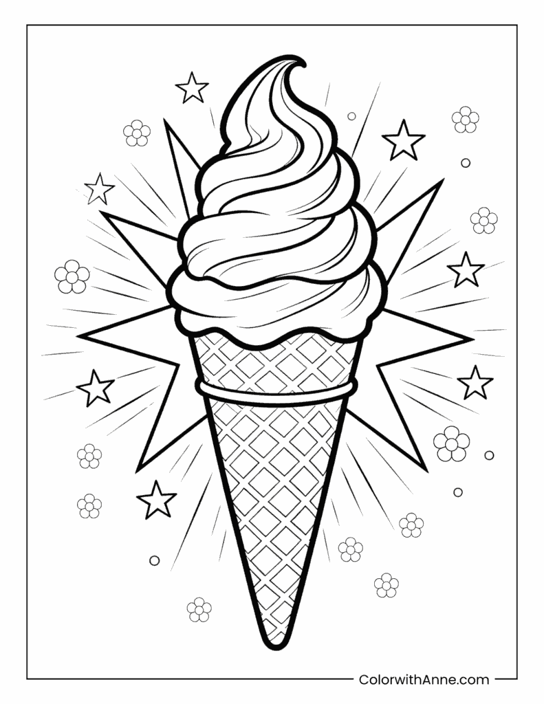 Waffle Cone Ice Cream with Stars and Flowers Summer Coloring Page