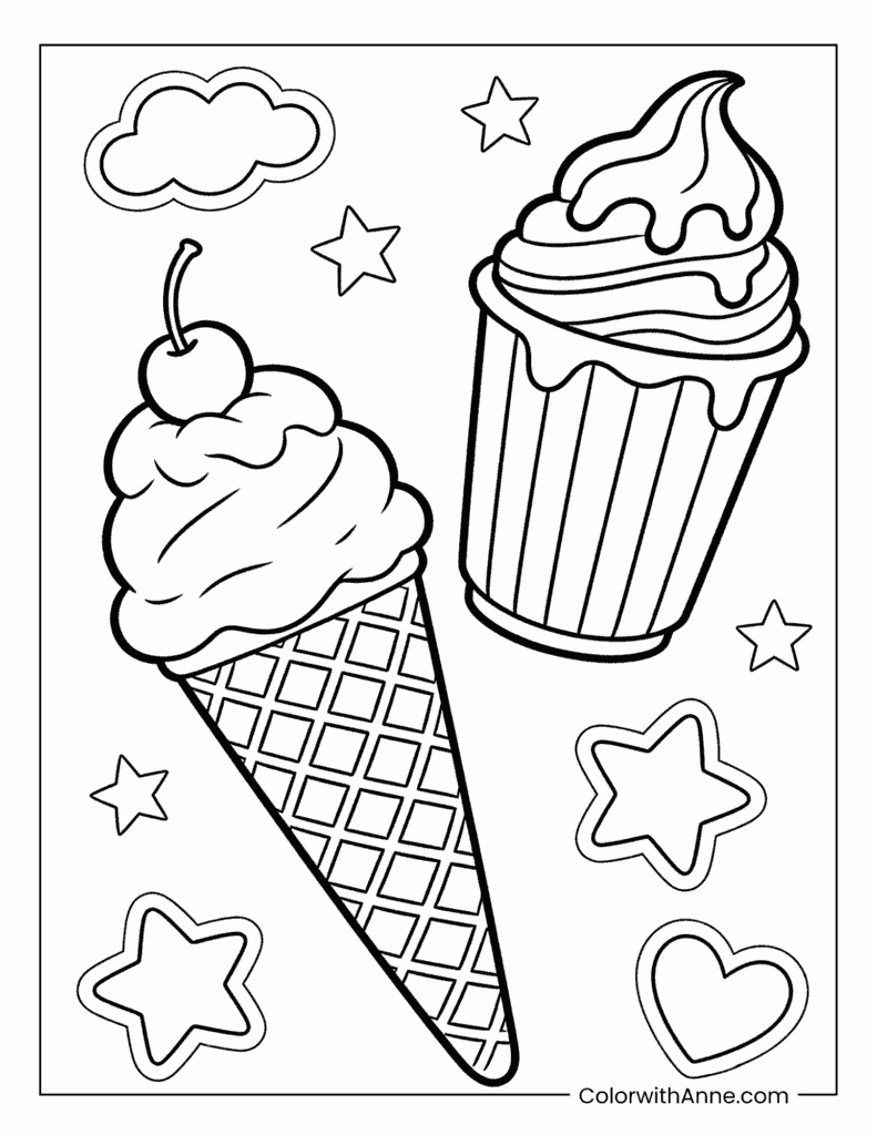 Waffle Cone and Sundae Cup with Cherry Ice Cream Coloring Page