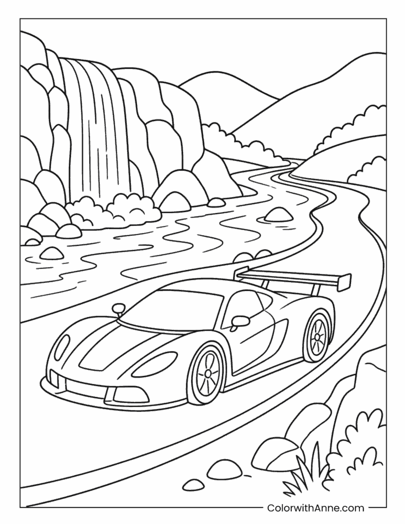 Waterfall Road Race Car Coloring Page