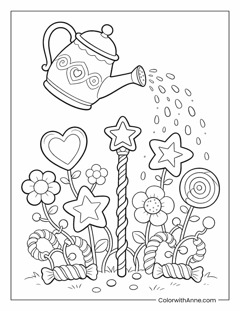 Watering Can Sprinkling Candy Flowers Coloring Page