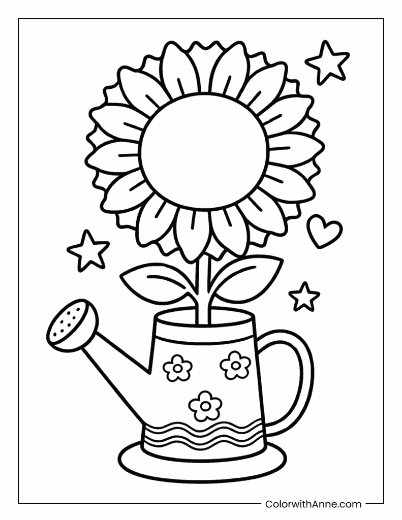 Watering Can Sunflower Coloring Page