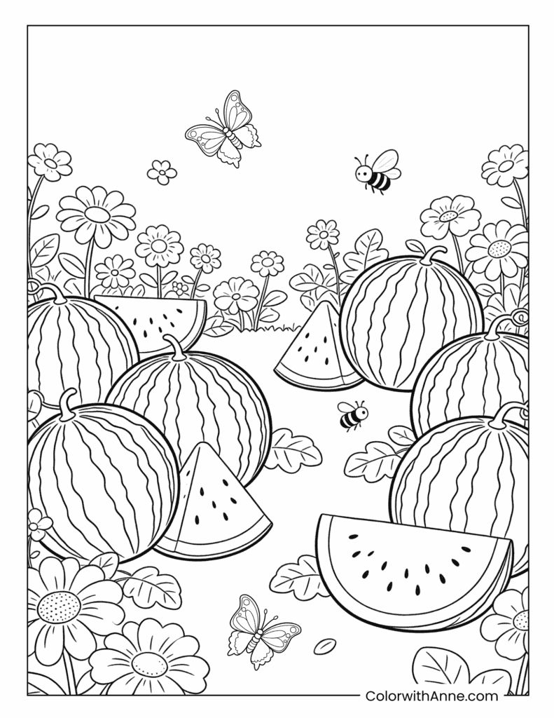 Watermelon Slice and Whole with Bees Summer Coloring Page