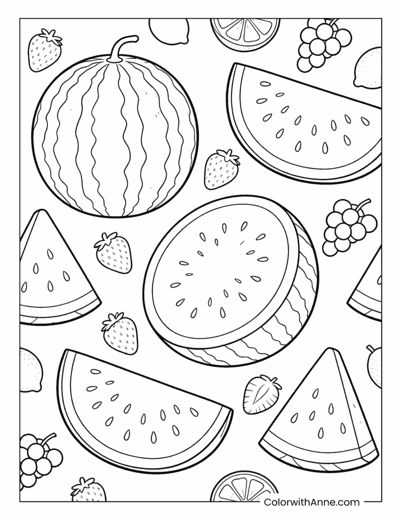 Watermelon and Mixed Fruits Pattern Fun Coloring Page