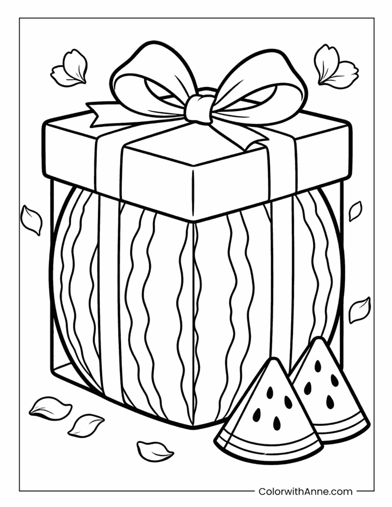 Watermelon in a Gift Box with Bow Simple Coloring Page