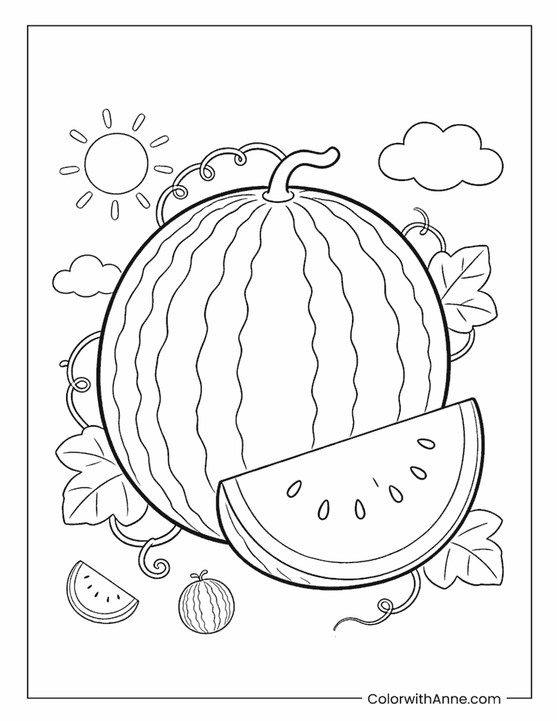 Watermelon on Vine Cute Coloring Page