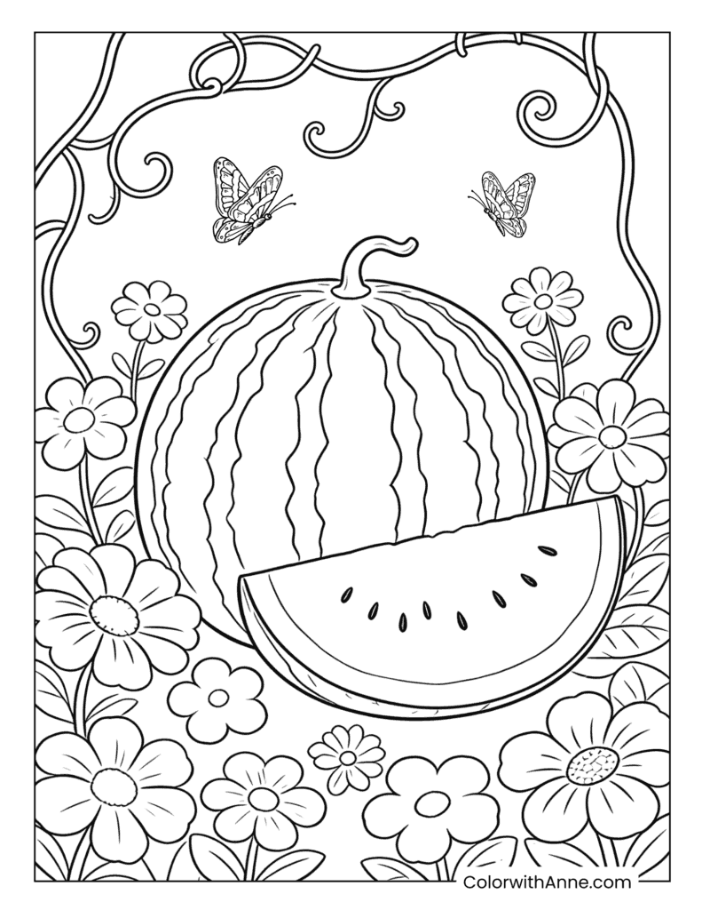 Watermelon with Flowers and Butterflies Garden Coloring Page