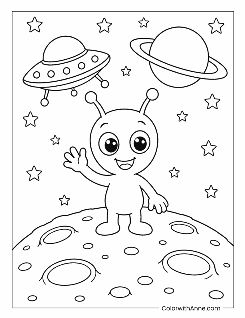 Waving Alien on the Moon with a UFO Coloring Page