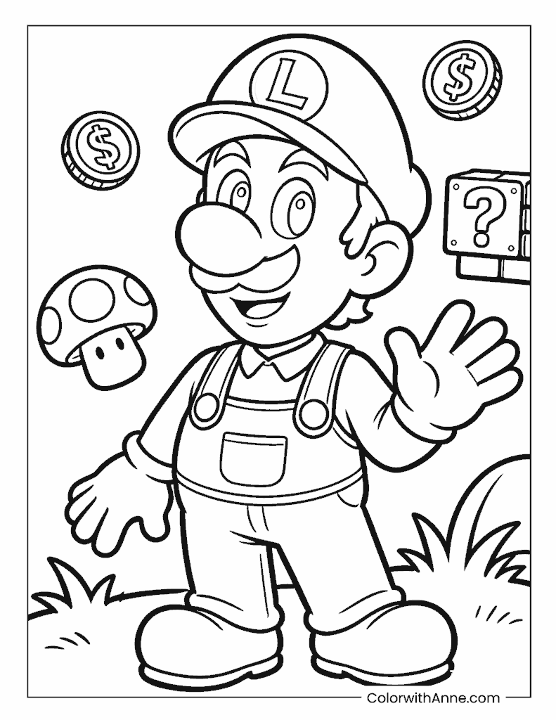 Waving Luigi Coloring Page