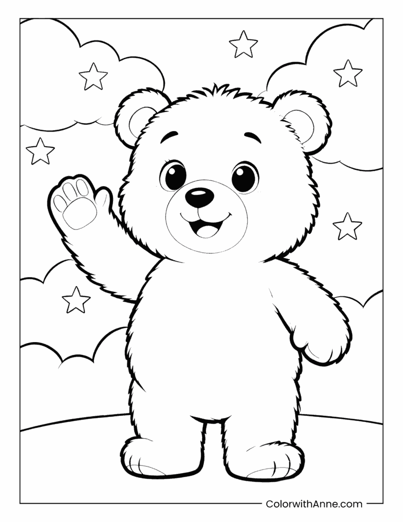 Waving Teddy Bear with Stars and Clouds Coloring Page