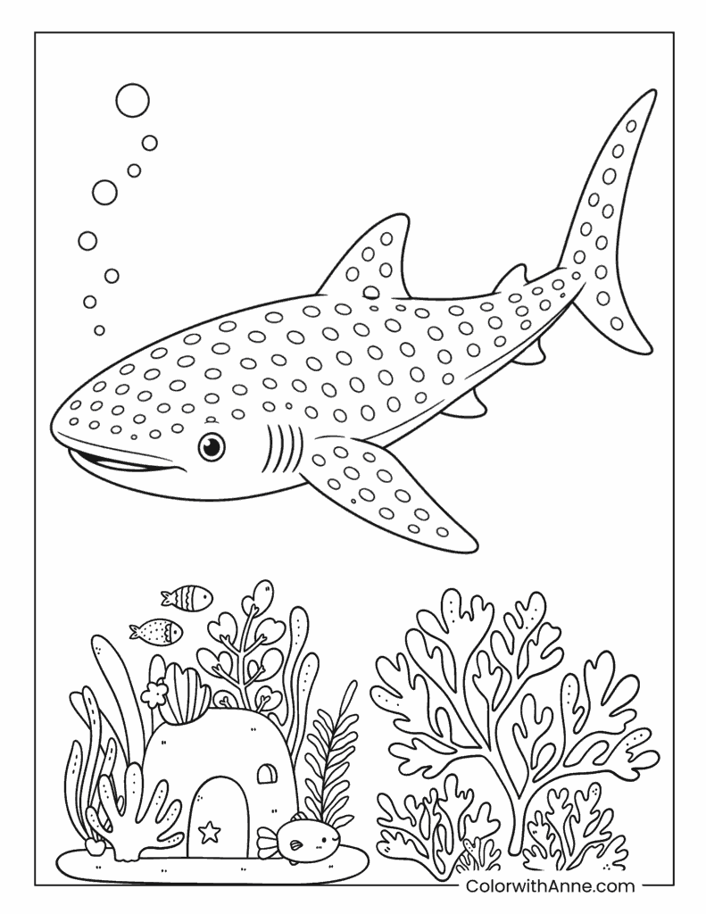 Whale Shark Swimming Above a Colorful Coral Reef Coloring Page