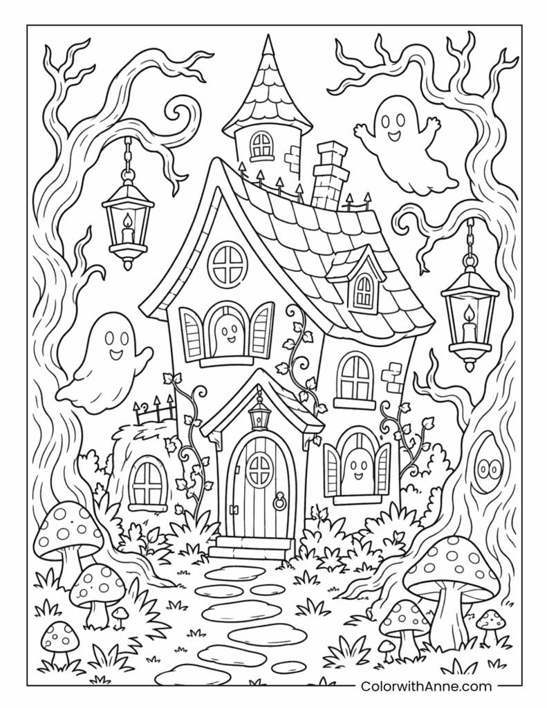 Whimsical Haunted Cottage with Friendly Ghosts Coloring Page