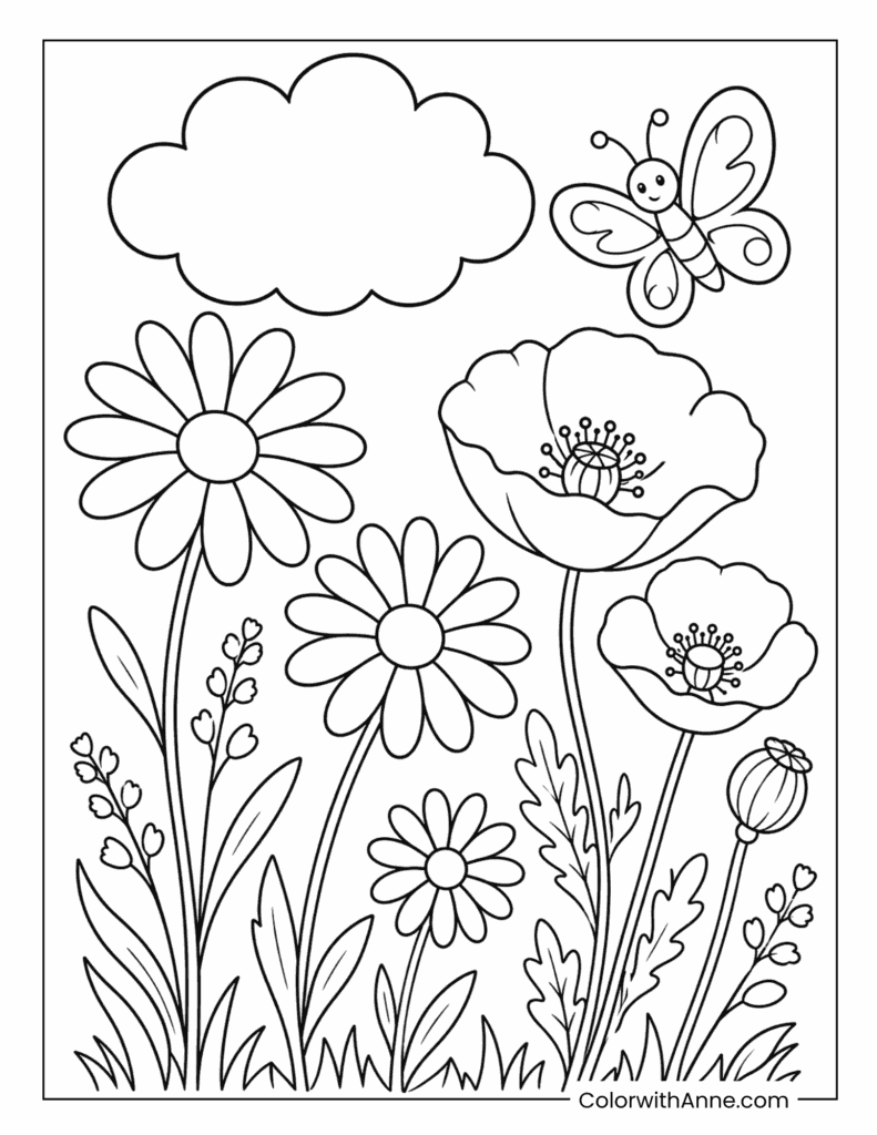 Wildflower Meadow with Daisies, Poppies, and Butterfly Coloring Page