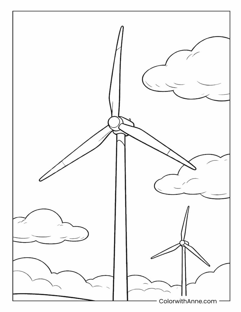 Wind Turbines and Clouds Earth Day Coloring Page