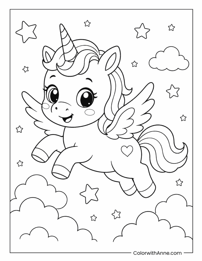 Winged Baby Unicorn (Pegasus) Flying Among Stars Coloring Page