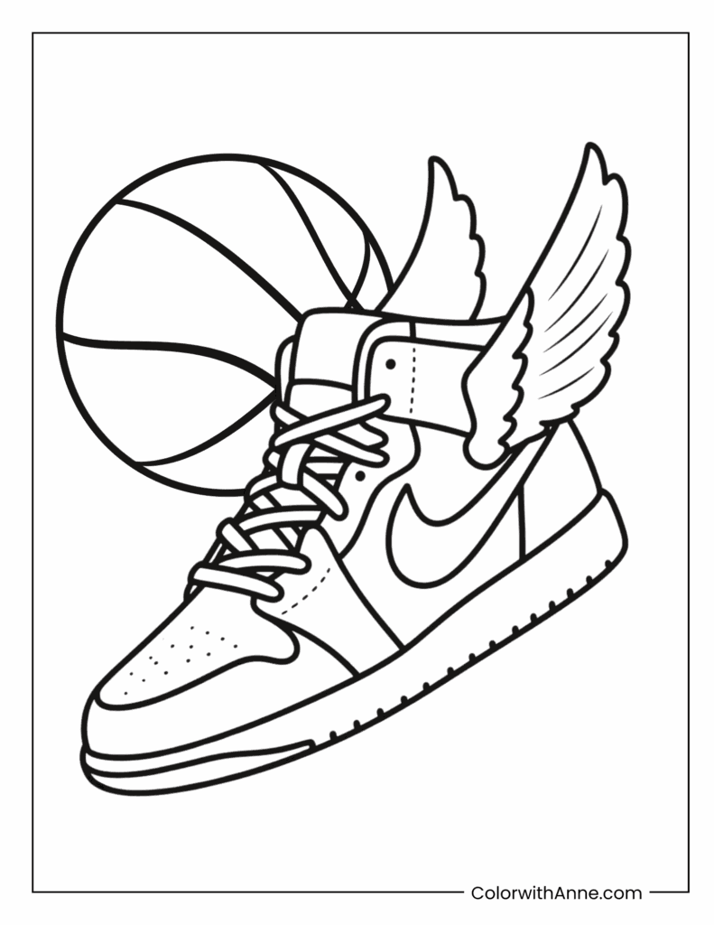 Winged Sneaker and Basketball Coloring Page