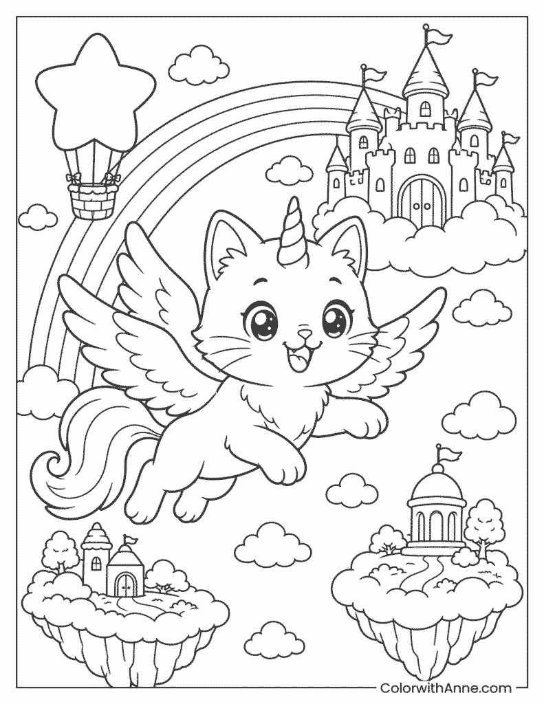 Winged Unicorn Cat in the Sky Kingdom Coloring Page