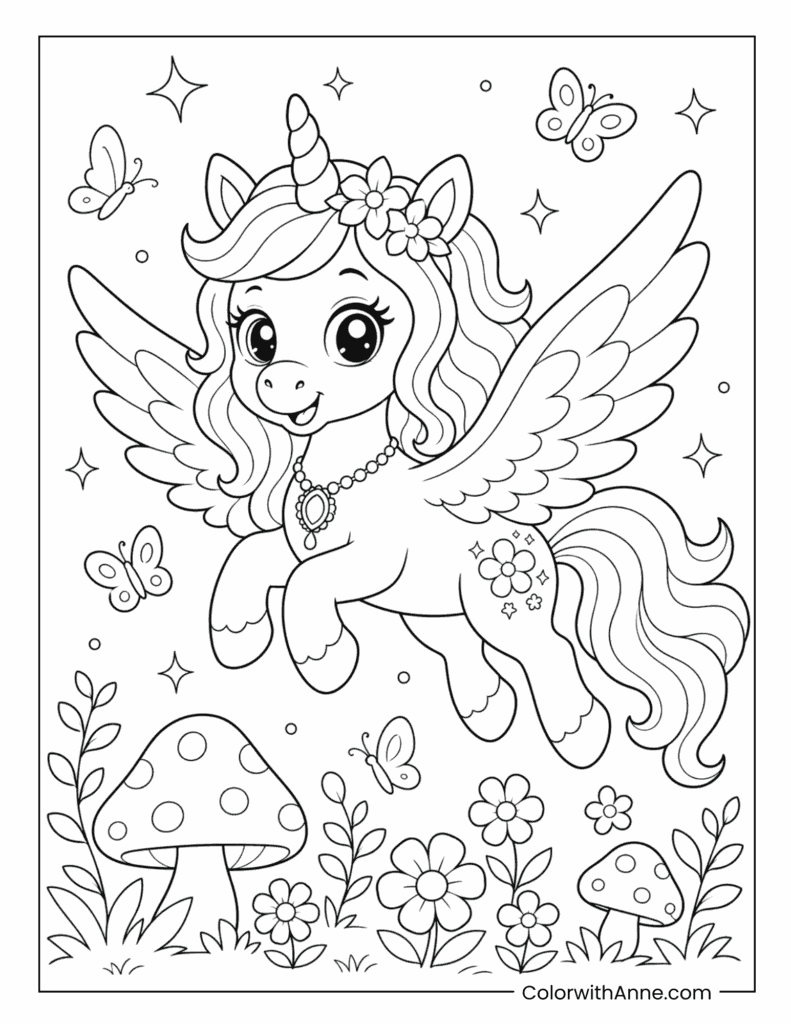 Winged Unicorn In Flower Meadow Coloring Page