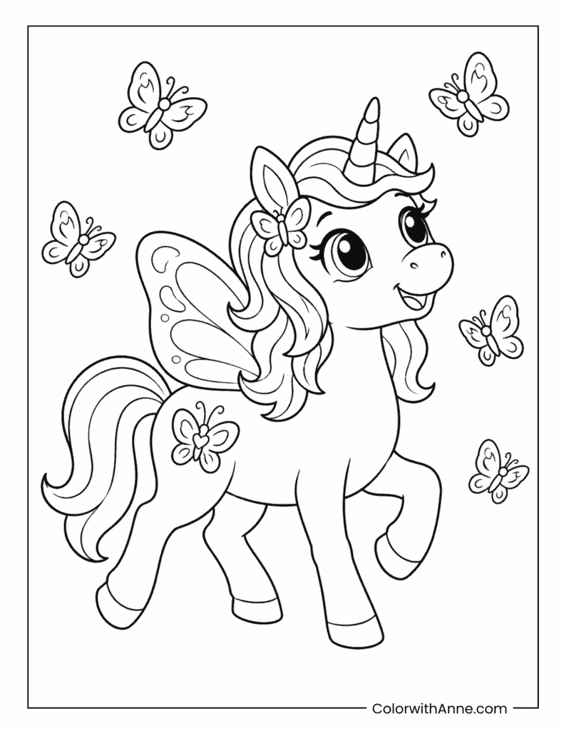 Winged Unicorn With Butterflies Coloring Page