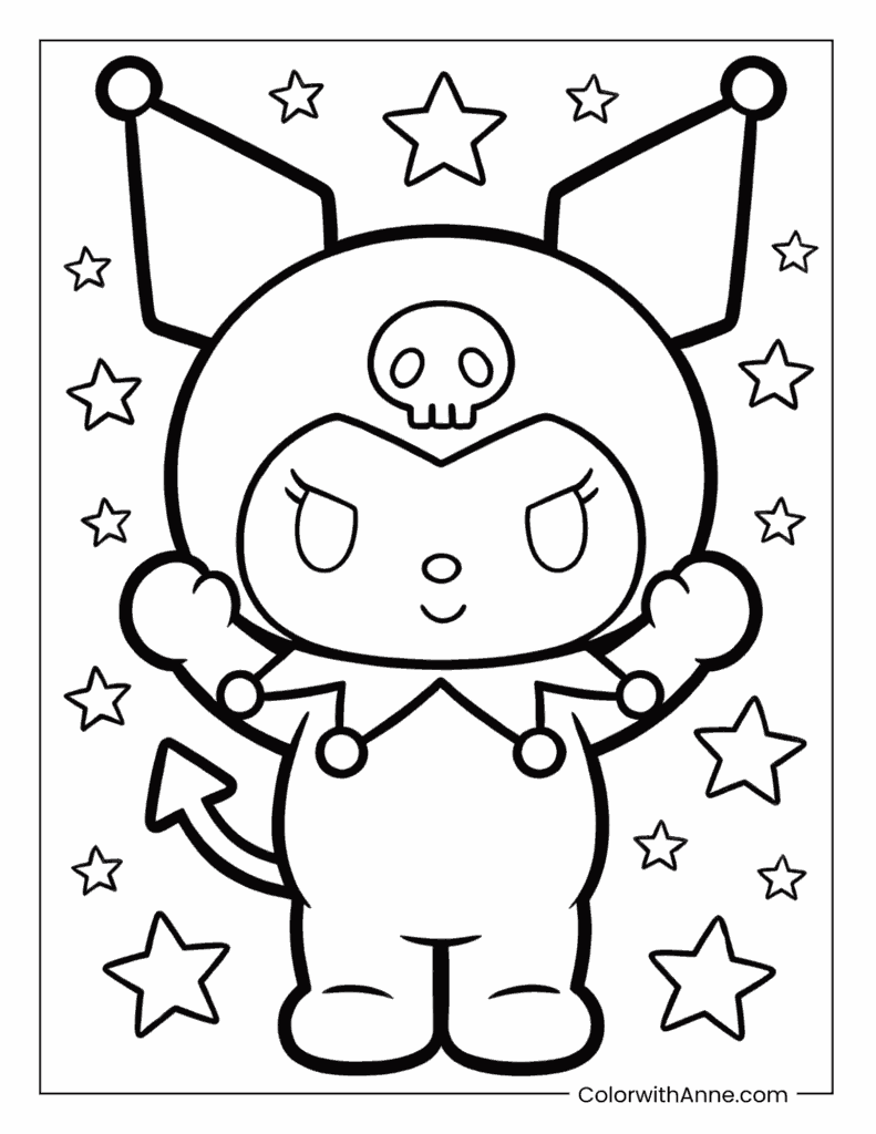 Winking Kuromi with Starry Background Coloring Page