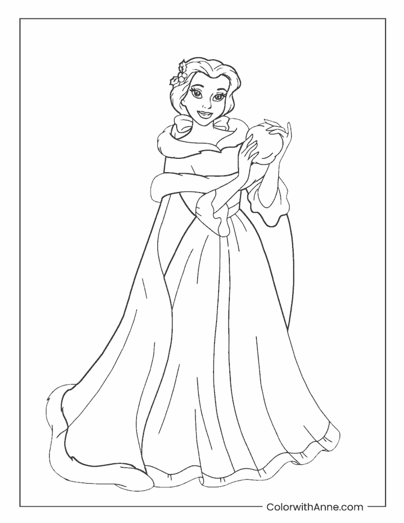 Winter Belle Holding a Snowball Coloring Page