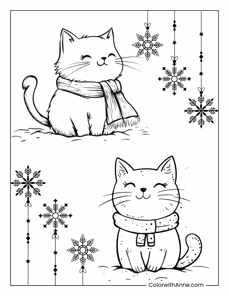 Winter Cats in Fluffy Scarves Coloring Page