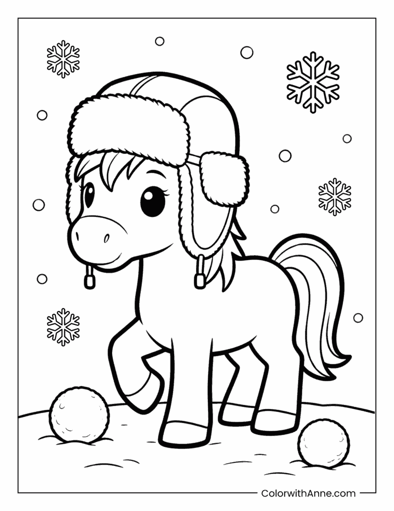 Winter Horse with Snow Cap Playing in Snow Coloring Page