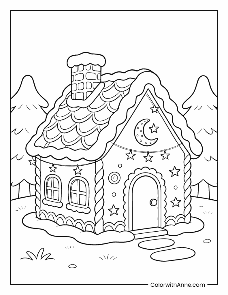 Winter Night Gingerbread House Coloring Page
