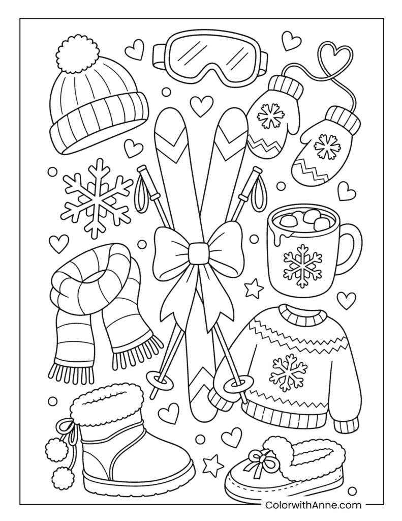 Winter Skiing Preppy Coloring Page for Kids