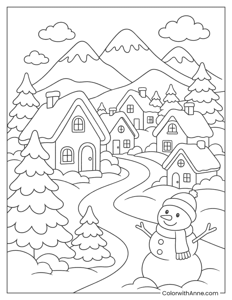 Winter Snowy Village Coloring Page
