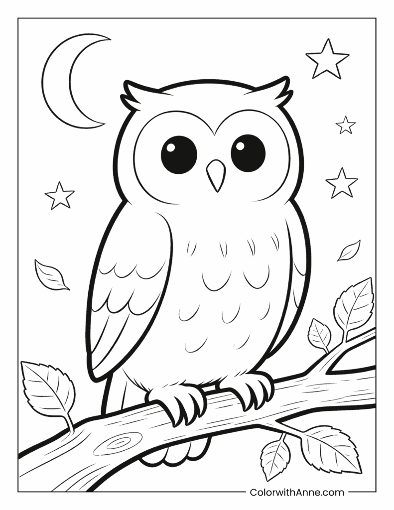 Wise Owl in Autumn Night Coloring Page