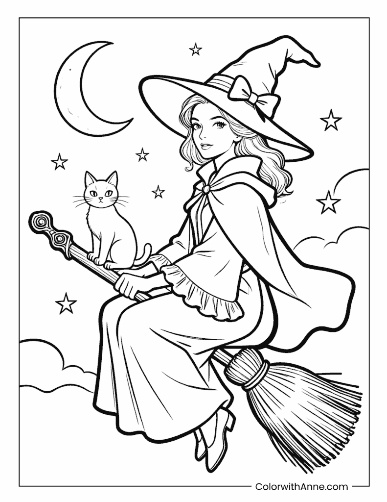 Witch Flying on Broom with Cat Night Sky Coloring Page