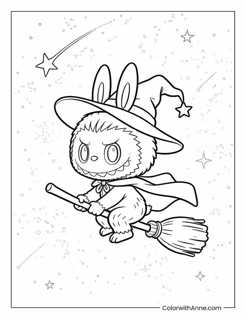 Witch Labubu on a Broomstick Coloring Page