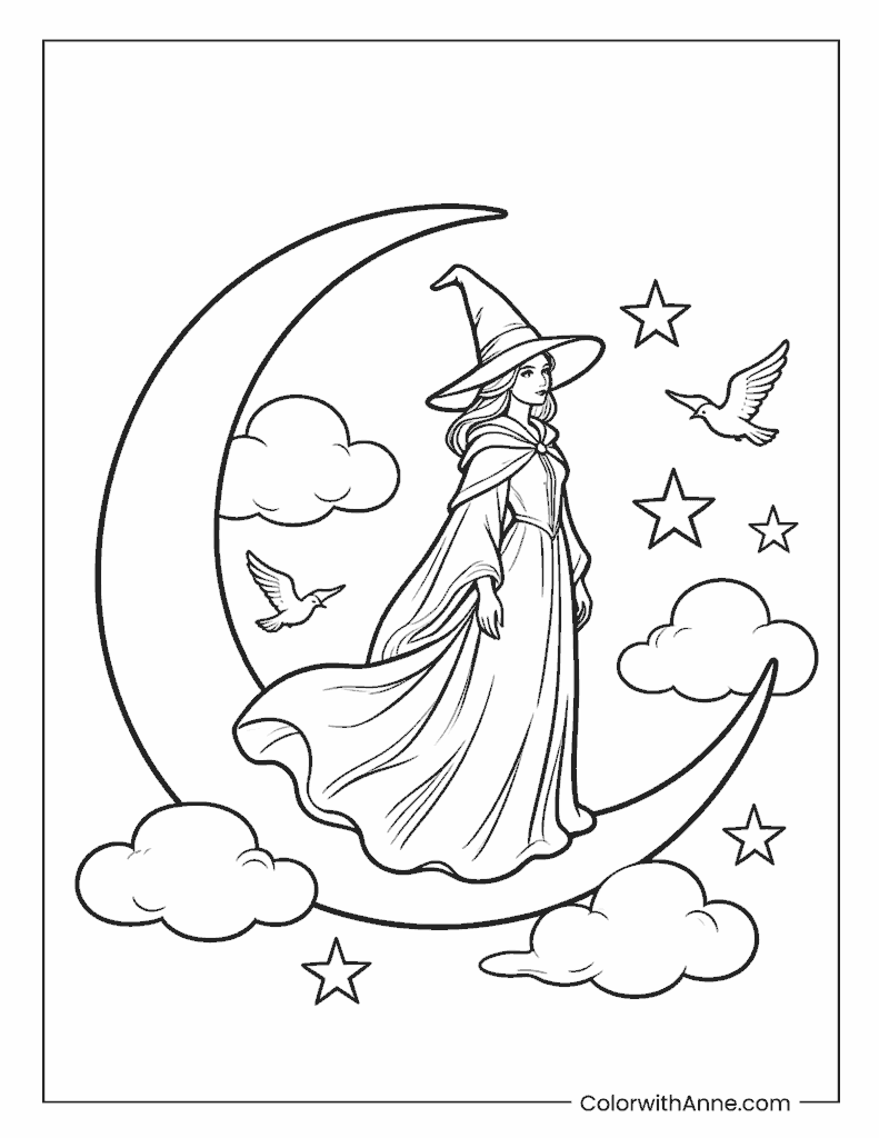 Witch Standing on a Crescent Moon with Stars Coloring Page