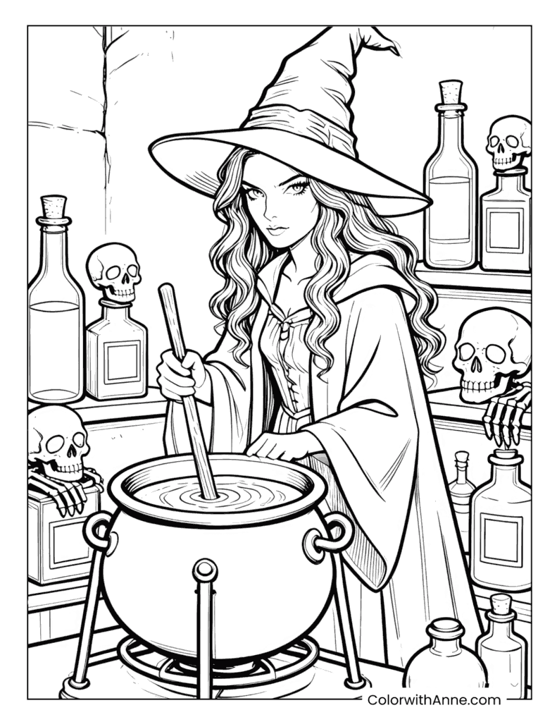 Witch Stirring Cauldron with Potion Bottles Coloring Page