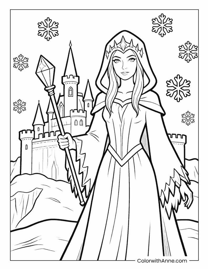 Witch with Crown and Wand in Snowy Castle Coloring Page