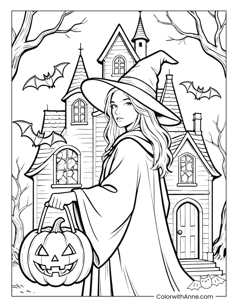 Witch with Pumpkin Lantern Halloween House Coloring Page