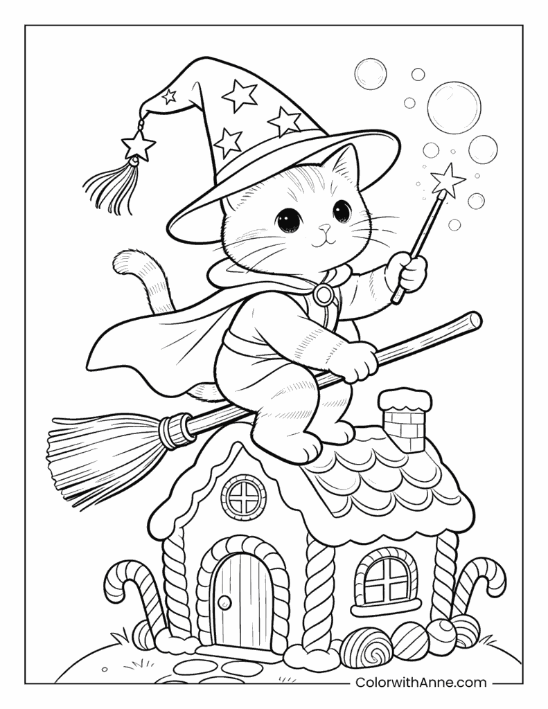 Wizard Cat on a Broomstick with a Gingerbread House Coloring Page