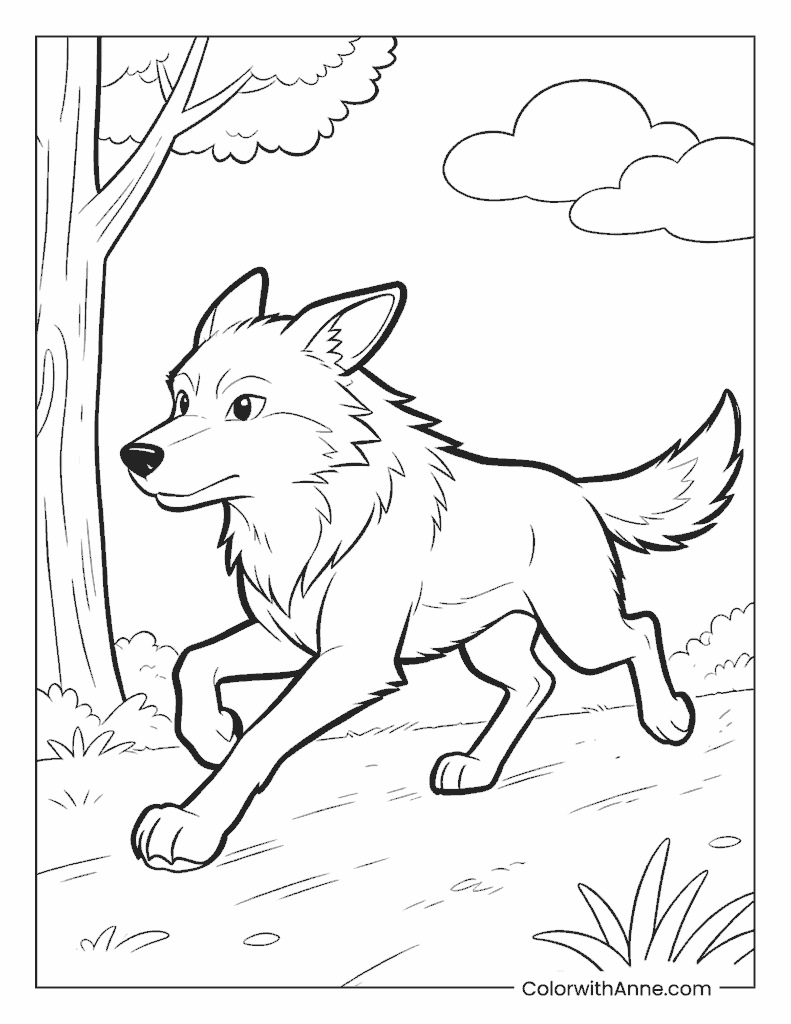 Wolf Running Through a Forest Landscape Coloring Page